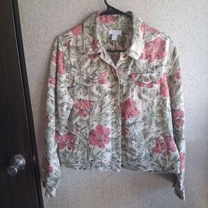 100% Linen Floral Button Up Jacket Wood Buttons Petite Medium Charter Club